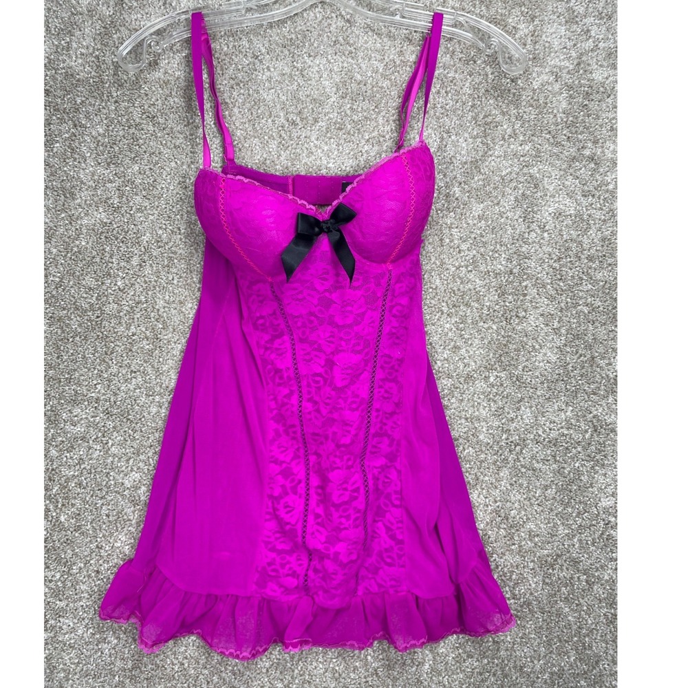 True Desire Lace Underwire Babydoll Slip Dress Womens S Magenta Ruffle Bow Fairy